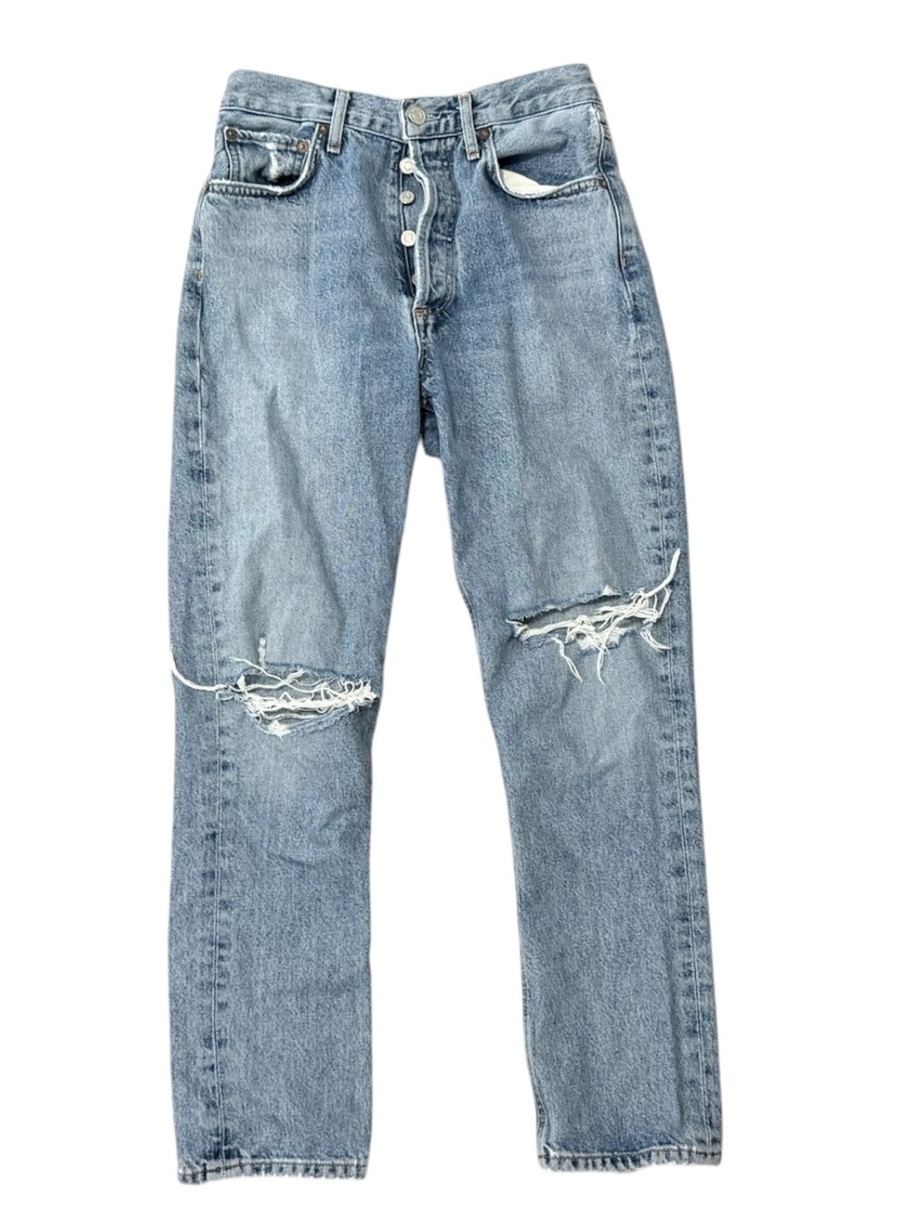 AGOLDE Riley Jeans Size 25 Distressed Button Fly Straight Leg Light Wash